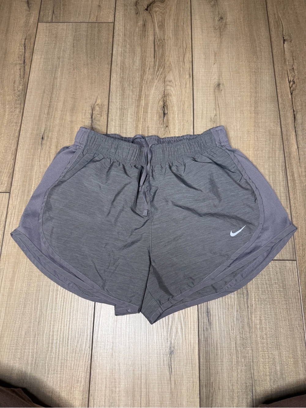 Nike Dri-FIT Small Gray Running Shorts Swoosh Dolphin Hem Mesh Athletic Gym
